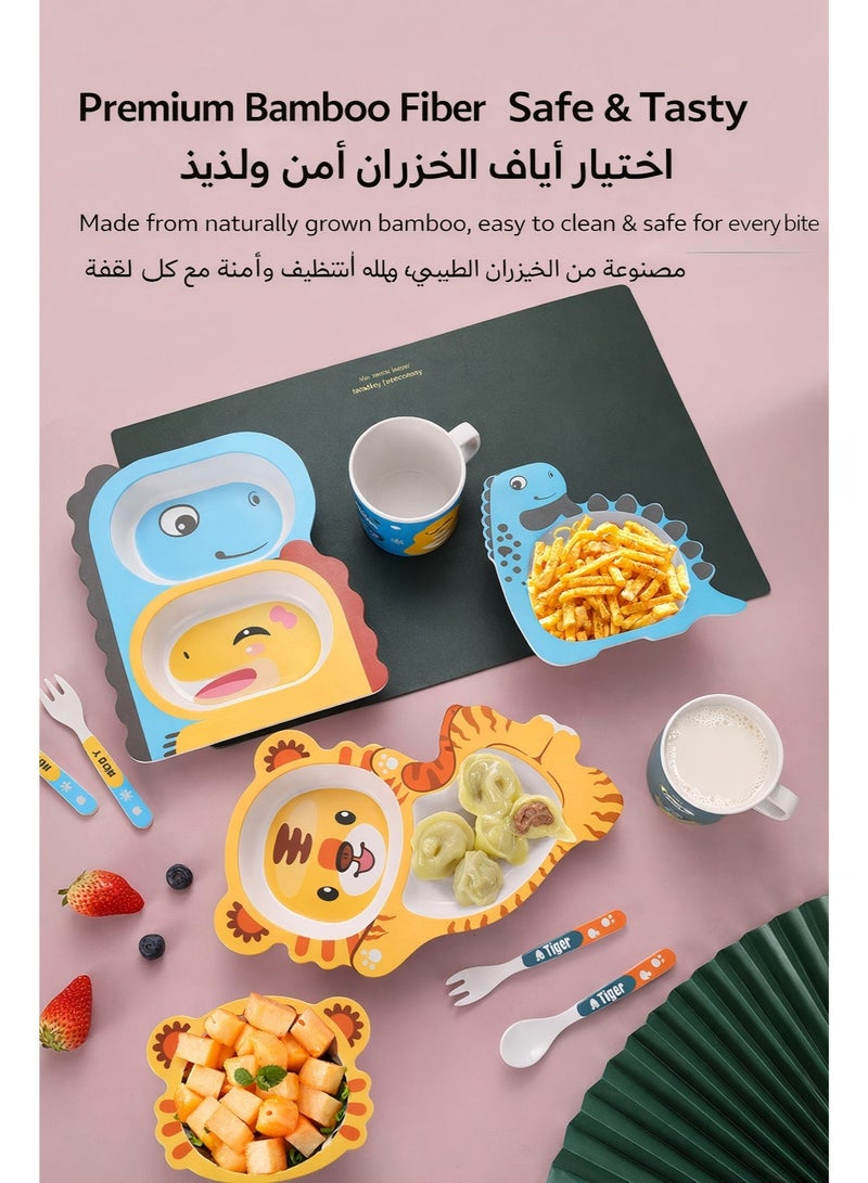 طقم أوعية وأطباق تغذية للأطفال 5 قطع، طقم أدوات مائدة من ألياف البامبو للأطفال، طقم طعام للأطفال الصغار بتصميم ديناصور كرتوني مع طبق مقسم ووعاء وكوب وملعقة وشوكة - Image 2